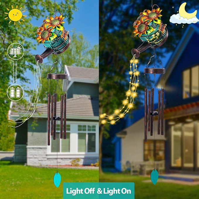 MUMTOP Solar Wind Chimes for Outside - Solar Watering Can Wind Chimes Outdoor Unique with String Warm Light, Glass Windchimes Clearance for Garden, Patio,Yard Decor Gift