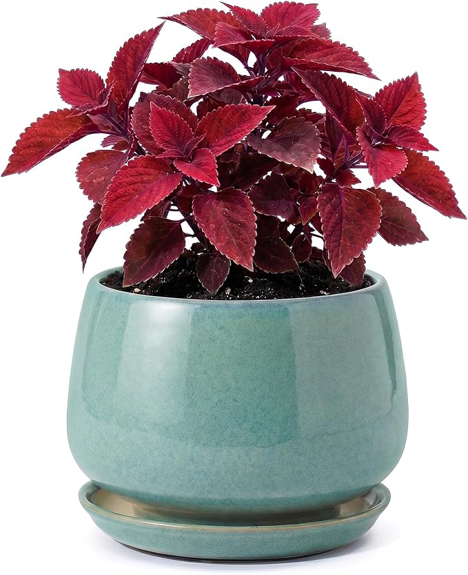 7.5 Inch Ceramic Planter with Saucer,Modern Garden Pots with Drainage Hole Mesh Net, for Indoor Outdoor Use (Blue-Green)