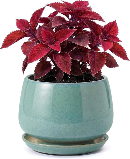 7.5 Inch Ceramic Planter with Saucer,Modern Garden Pots with Drainage Hole Mesh Net, for Indoor Outdoor Use (Blue-Green)