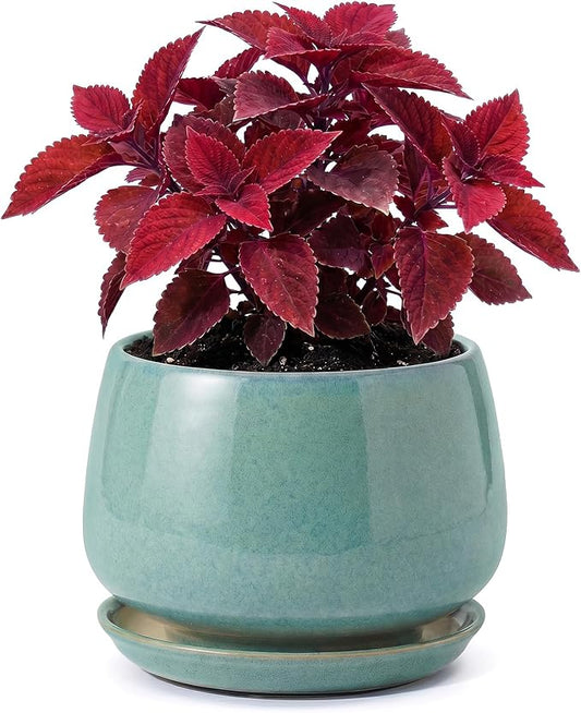 7.5 Inch Ceramic Planter with Saucer,Modern Garden Pots with Drainage Hole Mesh Net, for Indoor Outdoor Use (Blue-Green)