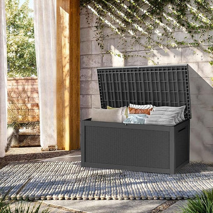 Outdoor Storage Box, 320 Gallon Lockable Resin Deck Box Large Waterproof, Patio Storage Bin for Furniture Cushion, Garden Tools and Pool Accessories, UV-Resistant Bench for Outside, Black