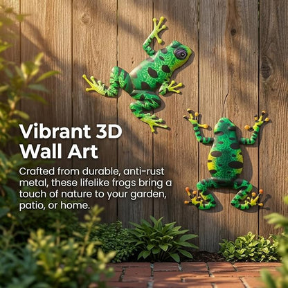 2 PCS Metal Frog Wall Decor, 3D Outdoor Wall Art Sculptures, Iron Animal Hanging Decoration for Garden Patio Fence Yard Living Room and Bedroom - 7.87 x 6.69 Inch