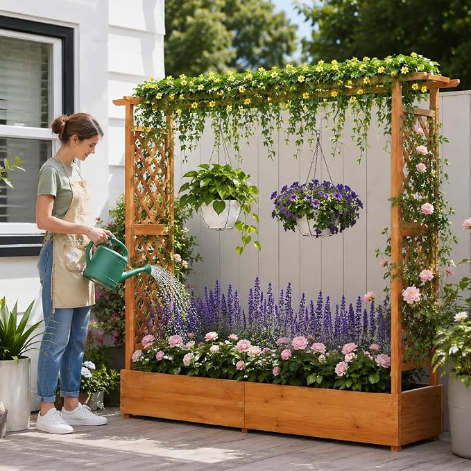 Giantex Raised Garden Bed with Trellis & Hanging Roof, 77" Wooden Elevated Planter Box w/Drainage Holes, Freestanding Garden Planter for Climbing Plants Vegetable Herb Flower, Patio Backyard Garden