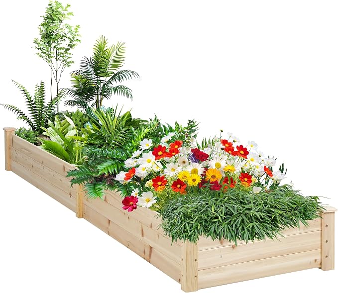 8FT Wooden Raised Garden Bed - Elevated Planter Box for Vegetables, Flowers - Natural Outdoor Planting Kit for Patio, Yard, Backyard