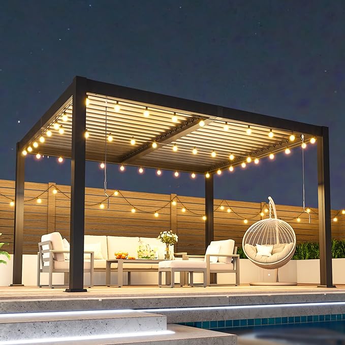 10' x 12' Louvered Pergola, Aluminum Frame Outdoor Pergola with Adjustable Louvered Roof & Integrated Gutter System, Hardtop Patio Gazebo for Backyard, Deck, Garden, Dark Gray