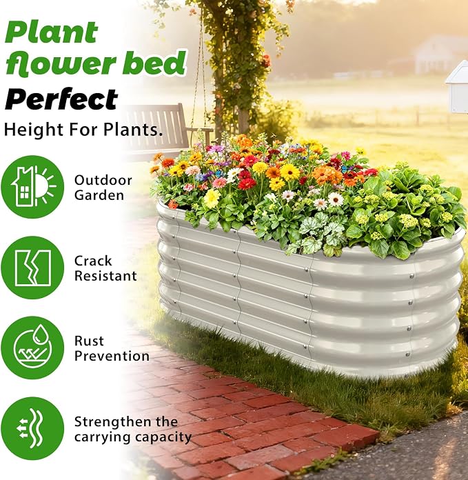17" Tall Oval-Shaped / Elliptic Metal Raised Garden Bed Outdoor Cream White | 48X24X17 Inch,1.5 FT Tall,0.8MM Thick Galvanized Metal Painted,for Variety of Flowers,Herbs,Vegetables.with Gloves,Tool free