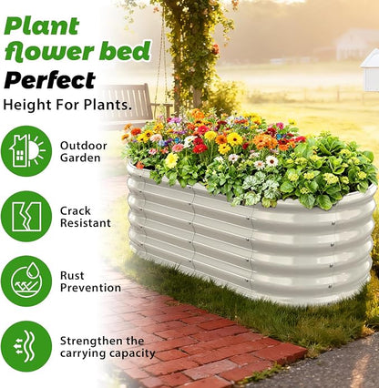 17" Tall Oval-Shaped / Elliptic Metal Raised Garden Bed Outdoor Cream White | 48X24X17 Inch,1.5 FT Tall,0.8MM Thick Galvanized Metal Painted,for Variety of Flowers,Herbs,Vegetables.with Gloves,Tool free