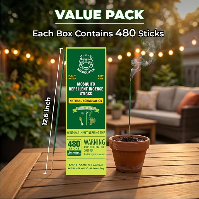 KICKOUTOR Mosquito Incense Sticks with Natural Citronella Oil, 480 Count DEET-Free Outdoor Mosquito Repellent for Patio, Backyard Gatherings & Camping, Up to 1 Hour Against Gnats & No-See-Ums