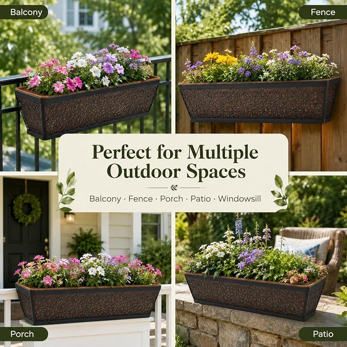 Halatool Railing Deck Balcony Planter Window Boxes, 2 Pack 30 Inch Metal Heavy Duty Planter Boxes with Coco Liner for Windowsill Fence Porch Patio Lawn Outdoor