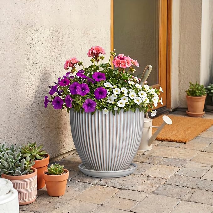 10 Inch Pots for Plants Indoor, Ceramic Planters with Drainage Hole and Saucer, Round Large Plant Pots for House Plants, Decorative Flower Planter, Porch Decor, Plant Lover Gifts, Grey