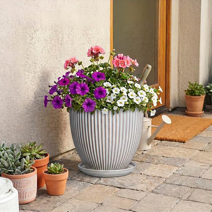 10 Inch Pots for Plants Indoor, Ceramic Planters with Drainage Hole and Saucer, Round Large Plant Pots for House Plants, Decorative Flower Planter, Porch Decor, Plant Lover Gifts, Grey