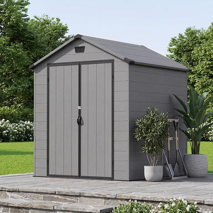Greesum 6x6FT Plastic Outdoor Storage Shed with Floor, Resin Sheds with Lockable Double Door, Tool Sheds with Window and Vents, for Backyard, Garden, Patio, Dark Gray