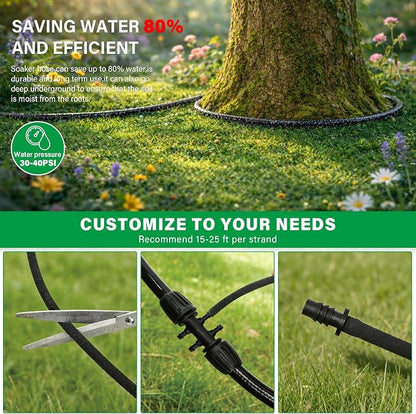 MIXC 80% Water-Saving Soaker Hose – 1/4" x 100 Ft Drip Irrigation Tubing for Garden, Lawn, Flower Beds & Vegetable Rows, with 1/4" Drip Fittings
