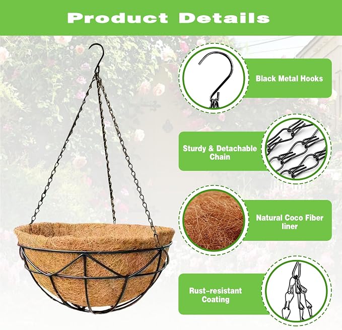 4 Pack 12 Inch Black Metal Hanging Basket Hanging Planter with Coco Coir Liner Heavy Duty Hanging Flower Pot Holder for Indoor Outdoor Patio Garden Porch Balcony Decor (Geometric)