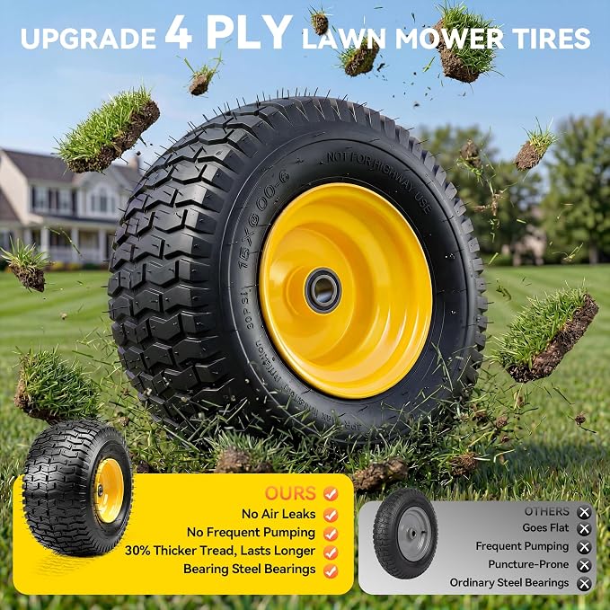 YITAMOTOR 15x6.00-6 Lawn Mower Tires & Wheel Assemblies, 4 Ply Pneumatic Front Tires Replacement Fits John Deere, Lawn Tractors, More Riding Mowers | 3" Offset Hub, 3/4" Bearings, 570LBS (Set of 2)