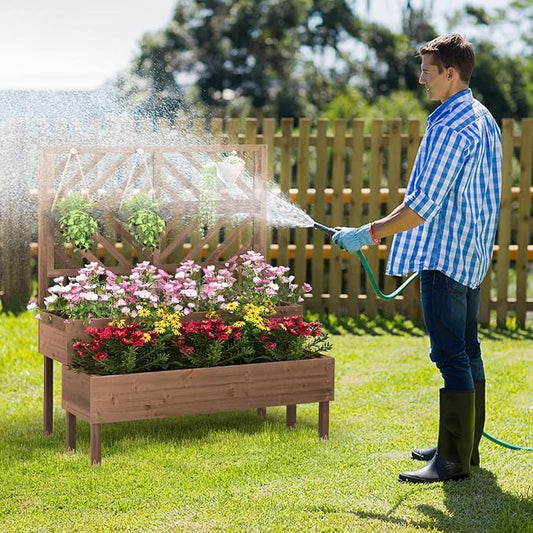 ORALNER Raised Garden Bed with Trellis, 43” x 24.5” x 53” Outdoor 2-Tier Wooden Planter Box with Drainage Holes, Elevated Garden Trellis Planter for Vine Flower Herb Fruit Vegetable (Brown)