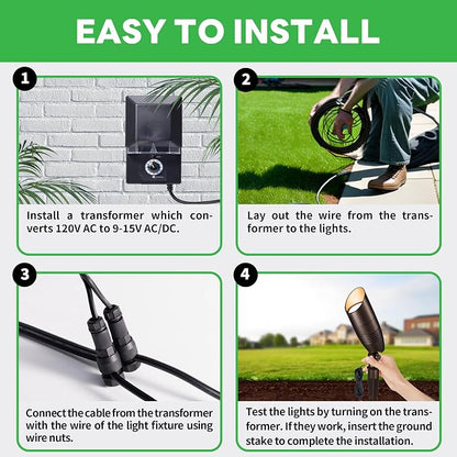 Low Voltage Landscape Lighting Kit, 4 Pack 3000K/4000K/5000K Adjustable Spotlights and 100W Transformer and 100FT Cable and 20 Wire Connectors, Aluminum ORB Waterproof Uplight for Tree Yard