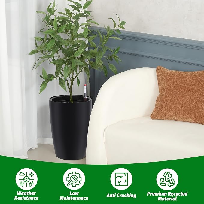 Garvee Tall Planters for Outdoor Plants, 16 in Large Planters Set of 4, Outdoor & Indoor Planters with Water Level Monitor ＆ Inner Bucket, Automatic Watering, for Porch, Patio, Backyard, Black