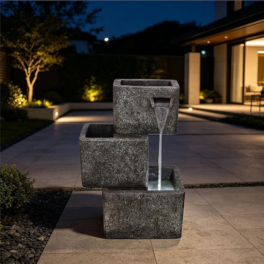 27.6" H Outdoor Modern Water Fountain, Floor Standing Indoor Waterfall Fountain, Outdoor Water Fountain with Lights, Home Decor for Garden Patio Porch Yard Backyardard