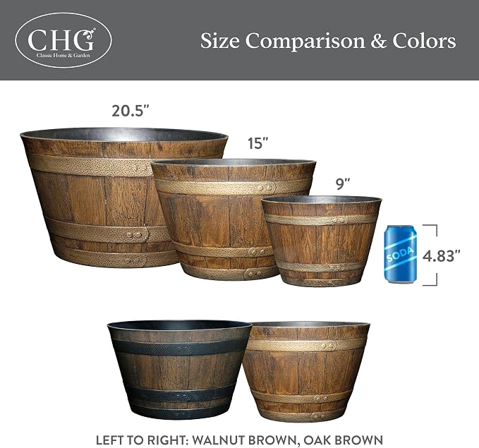 Whiskey Barrel Planters, Wooden Finish Flower Planter Pot, Decorative Garden Pots, Indoor Outdoor Resin Planters, Weather-Resistant Plant Pot (15” Oak Brown, 1-Pack) | Stylish Resin Flower Plant Pots, Indoor & Outdoor Planter, Weather-Resistant, Great ...