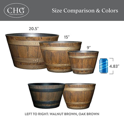 Whiskey Barrel Planters, Wooden Finish Flower Planter Pot, Decorative Garden Pots, Indoor Outdoor Resin Planters, Weather-Resistant Plant Pot (15” Oak Brown, 1-Pack) | Stylish Resin Flower Plant Pots, Indoor & Outdoor Planter, Weather-Resistant, Great ...