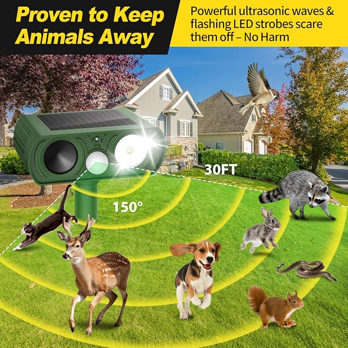 Solar Ultrasonic Animal Repellent Outdoor, Deer Repellent Devices Waterproof, Cat Squirrel Rabbit Dog Raccoon Deterrent Animal Repeller with Motion Detection, Keep Skunk Away for Yard, Green, 1 Pack