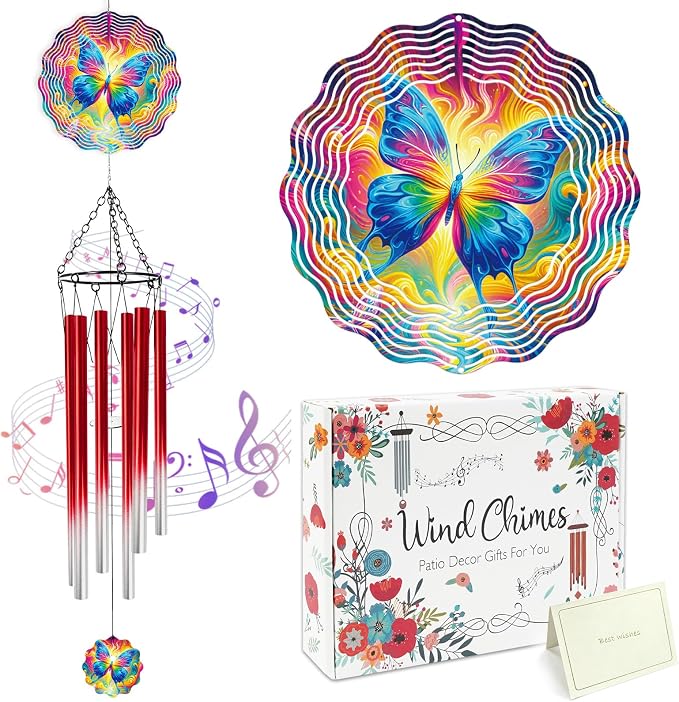 Butterfly Wind Chimes for Outside with Wind Spinner, Summer Garden Patio Yard Porch Decor, Colorful Butterfly Wind Chime with Gift Box, Birthday Gifts for Women Mom Grandma Nana