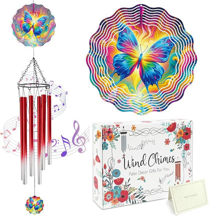 Butterfly Wind Chimes for Outside with Wind Spinner, Summer Garden Patio Yard Porch Decor, Colorful Butterfly Wind Chime with Gift Box, Birthday Gifts for Women Mom Grandma Nana