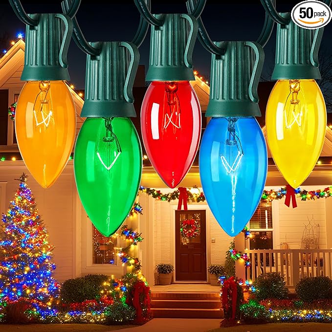 Minetom C9 Bulb Christmas Lights Outdoor, 50FT Multicolored String Lights | Waterproof Outdoor Lights for Backyard Patio Room Christmas Tree Party Holiday Decoration, E17 Base, 50 +2 Bulbs, Green Wire