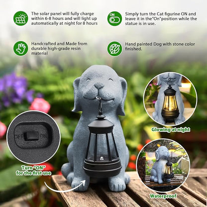 Solar Dog Garden Statue with Lantern, Outdoor Waterproof Dog Figurine Decor for Patio Yard Lawn, Birthday Garden Gifts for Women Mom Grandma, Housewarming Gift New Home