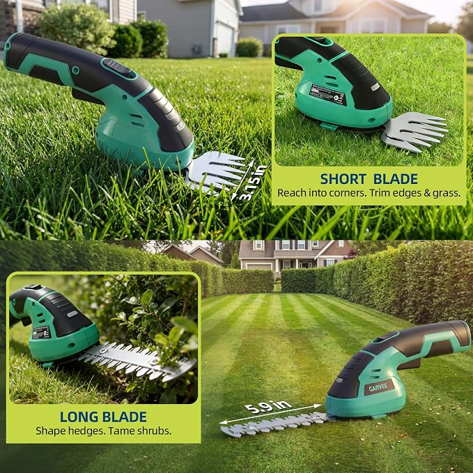 Garvee Cordless Hedge Trimmer - Small Garden 2 in 1 Handheld 7.2V Electric Grass Shears/Grass Cutter Rechargeable Lithium-Ion 2.0 Ah Battery and Type-C Cable Included Shrubbery Trimmer