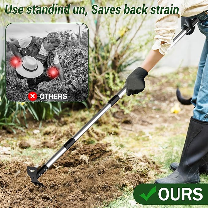 Weed Puller Tool with Long Handle – 2-in-1 Handle Garden Hoe and Weed Rake, Hoe Garden Tool for Home Gardens, Lawns, and Yards