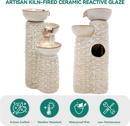 28" H Ceramic Outdoor Water Fountain with LED Lights, 3-Tier Cascading Bowls Water Feature, Tranquil Waterfall for Relaxing Garden, Patio, Yard, or Porch, Beige Glaze, Embossed Leaf Patterns