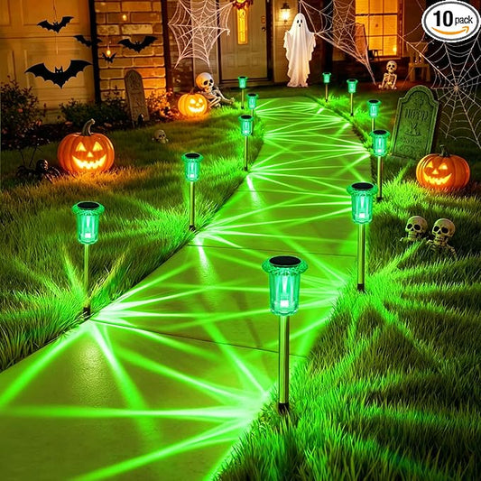 Halloween Solar Lights Outdoor 10 Pack Solar Pathway Lights Green Halloween Decorations Waterproof Yard Lighting for Outside Driveway Garden Walkway Path Landscape Lawn