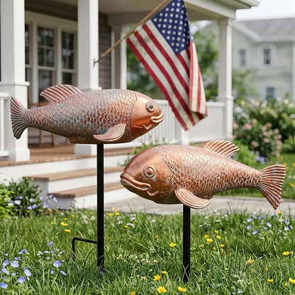 Koi Fish Decor, Set of 2 Antique Koi Garden Statues Art, Pond Accessories, Yard Pond Decor, Large Outdoor Garden Statues Ornaments, Real Fish Sculpture Art (10.8")