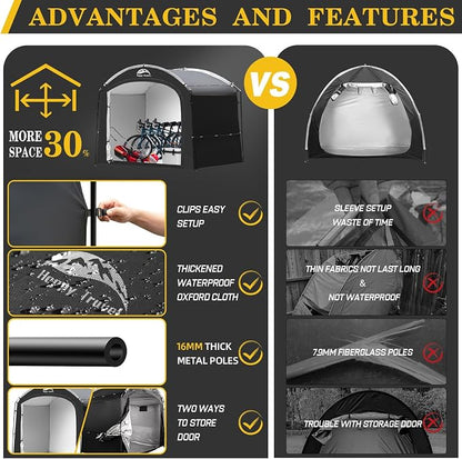 Happy Travel Bike Storage Shed Tent, Waterproof Portable Bicycle Cover with 30% More Top Storage Space for 2/3/4/5 Bikes,Clips Easy Setup Outdoor Sheds Shelter for Motorcycle, Garden Tools, Lawn Mower
