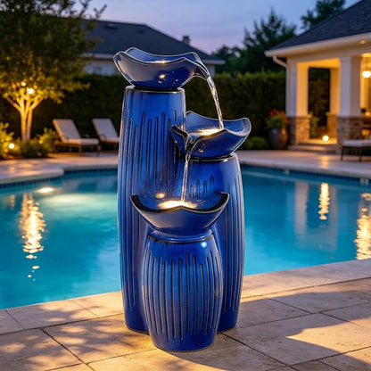 Autodaya 30"H Ceramic Water Fountain Outdoor, 3-Tier Geometric Lotus Design | Patio Fountain with Fluted Texture, Relaxing Cascading Waterfalls, Modern Water Feature for Garden Lawn Porch Yard Art Decor