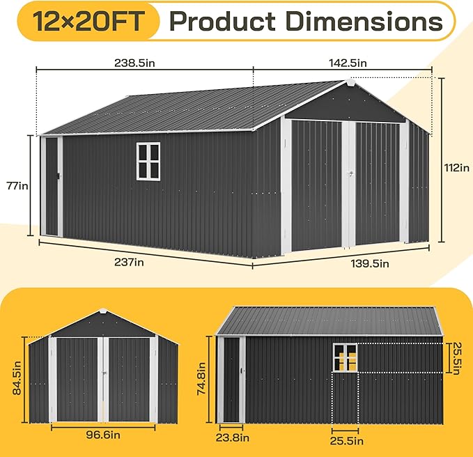 KEIKI 12x20 FT Outdoor Metal Storage Shed Garage with Double Doors, Large Capacity Steel Utility Shed for Vehicle Equipment and Garden Tool Storage, Weather Resistant Backyard Shed