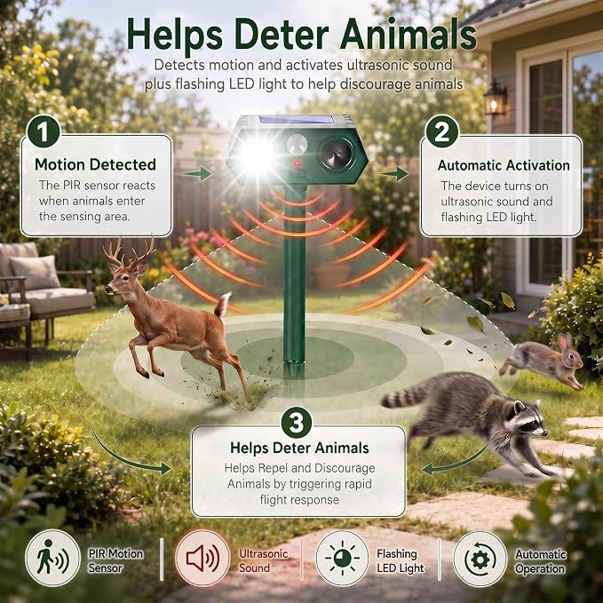 2026 Upgraded Solar Ultrasonic Animal Repeller Outdoor,Deer Repellent Devices with Motion Sensor & LED Flashing Light, Cat Deterrent for Yard,Garden,Rabbit, Squirrel, Raccoon, Dog,4 Pack Green
