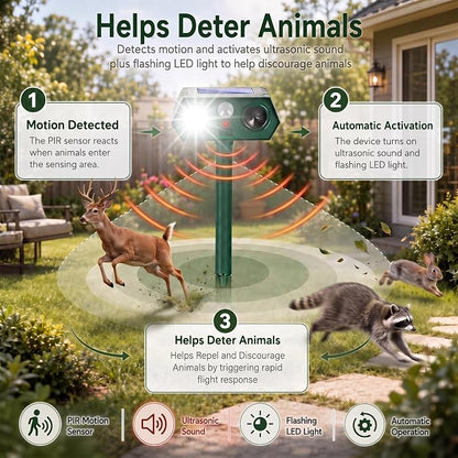 2026 Upgraded Solar Ultrasonic Animal Repeller Outdoor,Deer Repellent Devices with Motion Sensor & LED Flashing Light, Cat Deterrent for Yard,Garden,Rabbit, Squirrel, Raccoon, Dog,4 Pack Green