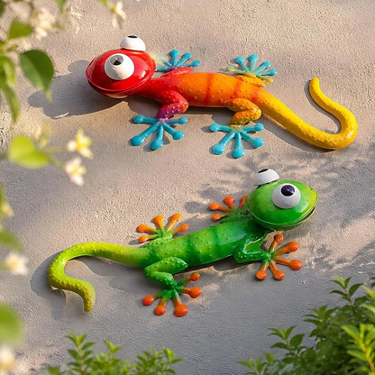 HONGLAND Gecko Metal Wall Art- 15 Inch 3D Lizard Wall Decor Outdoor Garden Sculptures & Statues with Free-Adjustable Head, 2 Pack Yard Decorations for Garden Fence Home