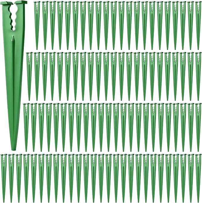 RedChili 100 Pack Irrigation Support Stakes for 1/4 Inch Drip Tubing, Heavy Duty Drip Tubing Hold Down Stakes 1/4" Drip Irrigation Tubing Fittings for Lawn Raised Bed Greenhouse Plant Watering System