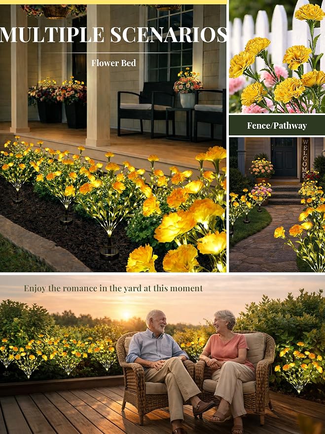 GIGALUMI Solar Lights Outdoor for Garden Decor, 2 Pack Solar Flower Lights Waterproof, 2 Lighting Modes 14 Carnations for Pathway,Yard, Patio Decoration, Gardening Gifts for Women (Yellow)