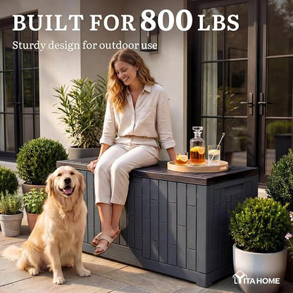 YITAHOME 120 Gallon Large Deck Box | 53"L x 22.7"W x 25.5"H Resin Outdoor Storage Box with Slide-Locking Black Lid for Patio Cushions, Garden Tools, Pool