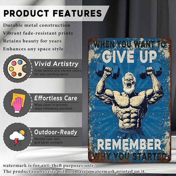 Vintage Man Gym Tin Sign When You Want To Give Up Remember Why You Started Retro Fitness Weightlifting Wall Decor Nostalgic Art Funny Workout Metal Poster Store Cafe Pubs Garage 12 * 8inch