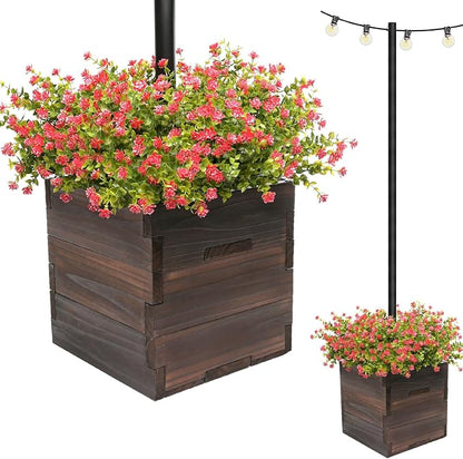 Extra Large Decorative Wooden Planter with Universal Pole Support for String Light Poles, Umbrellas, Bird Feeders. Solid Wood Outdoor Garden Patio Box for Plants or Flowers, 17"x17"x18", Brown