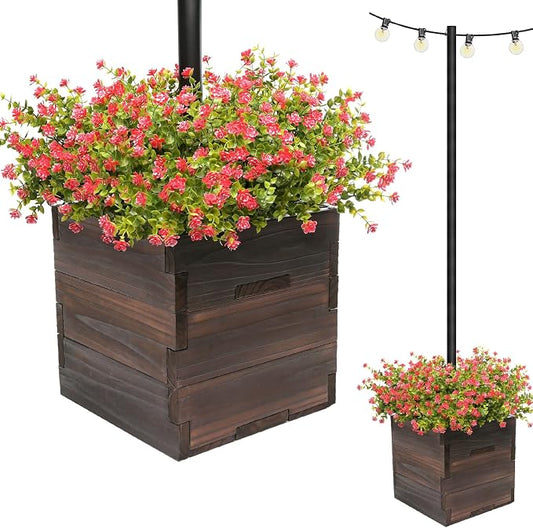 Extra Large Decorative Wooden Planter with Universal Pole Support for String Light Poles, Umbrellas, Bird Feeders. Solid Wood Outdoor Garden Patio Box for Plants or Flowers, 17"x17"x18", Brown