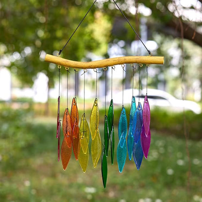Solar Wind Chimes Outdoor with Glass and Copper (Glass Leaf 1) | Solar Powered, Garden Decor, Patio Decor, Glass and Copper, Outdoor Use