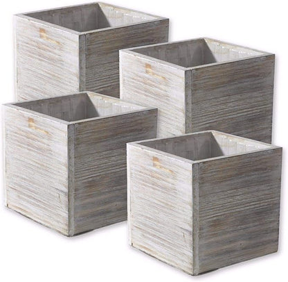 Wood Planter Box Set, Rustic Whitewash, Plastic Liners, 5 Inch Square Flower Holder, Natural Barn Wood Decor, Country Style, Home and Wedding Decorations, Garden Ornaments, (Beige Brown) (Set of 4)