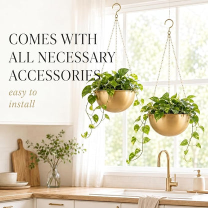 AceList Gold Hanging Planter for Indoor Plants, Set of 2-9.8 Inch Boho Metal Plant Hanger with Hooks & Chain, Brass Finish Hanging Plant Holder for Window, Ceiling & Living Room Decor